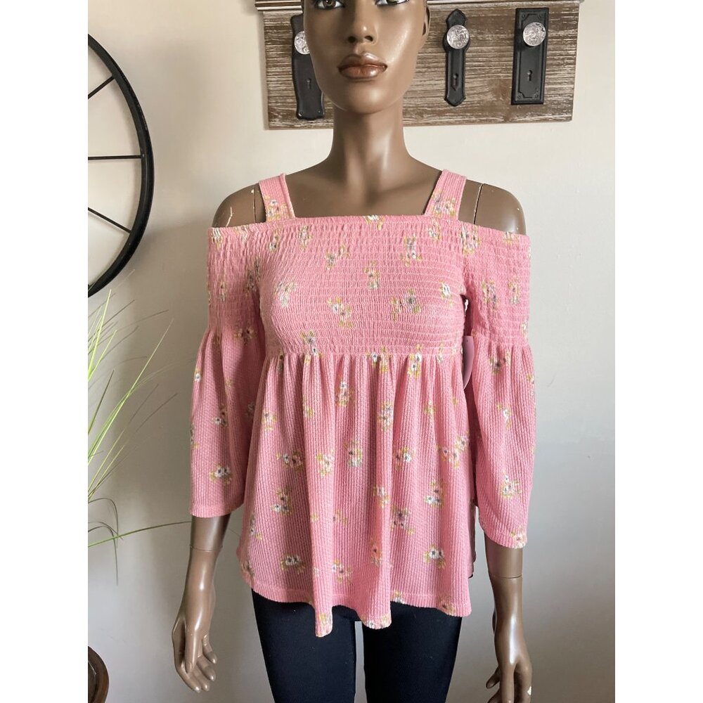 CLOUD CHASER Pink Off-Shoulder Floral Smocked Top For Girls L(14)